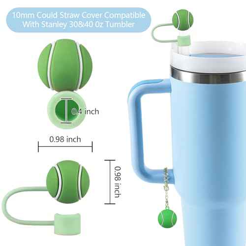 3PCS Straw Cover for Stanley Cup 30&40 Oz 10mm Silicone Straw Topper Protector Lid with 1PCS 3D Personalized Tennisball Charm Stanley Tumblers Accessories (3pcs Tennisball +1pcs Tennisball Charm)
