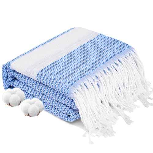 Genovega Oversized Cotton Turkish Beach Towels 74"x38" Thin Quick Dry Sand Free Pool Swim Bathing Towel Extra Large Blanket Adult Travel Essentials Accessories Must Haves Summer Vacation Deepblue Dot