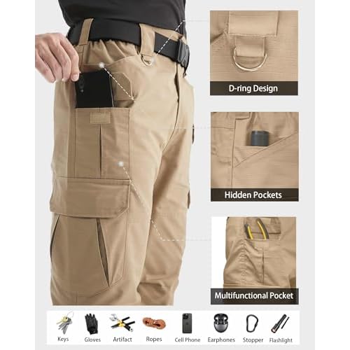Men's Tactical Cargo Pants, Lightweight Water-Resistant, Ripstop Fabric for Hiking, Work, Outdoor Activities