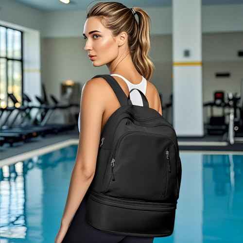 Gym Backpack for Women Men, Lightweight Gym Bag with Shoe Compartment, Waterproof Sports Backpack with Wet Pocket, Black