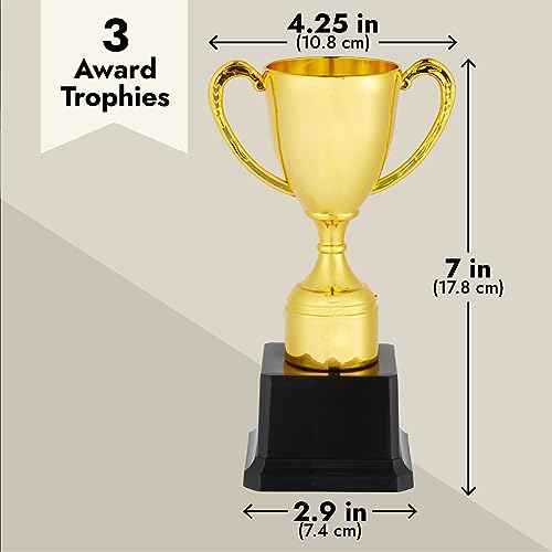 Blue Panda Trophy Award Cup Set - 3-Pack, 7-Inch Gold Plastic Cups - Mini Participation Trophies for Kids