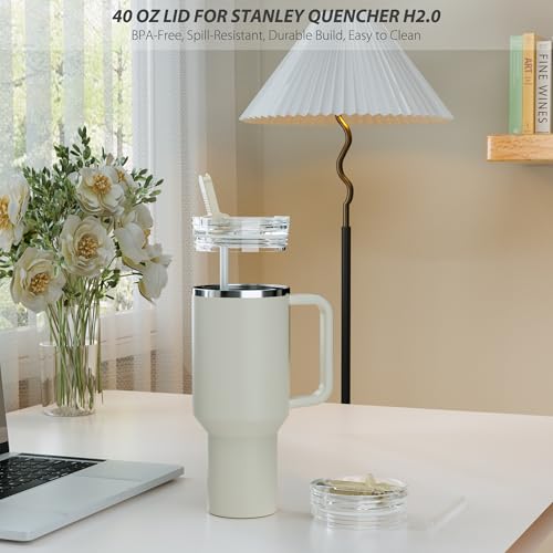 2 Pack Replacement Lid for Stanley 40 oz Quencher H2.0 & ProTour, Flip Straw Tumbler Lid for Stanley Cup, Leakproof, No Spill & Easy to Use Reusable Tumbler Cover (Cream)