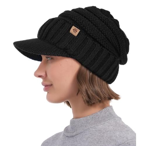 Women Men Winter Beanie Hat with Visor, Warm Fleece Lined Beanie Cap, Thick Knit Cap Slouchy Hat with Brim