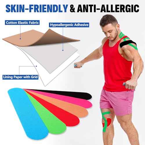 60PCS Precut Kinesiology Tape Strips, 6 Colors 2 inch x 10 inch Cotton Athletic Tape, Kinetic Tape, Elastic Muscle Tape, Sports Tape, Knee Tape for Exercise and Daily Use