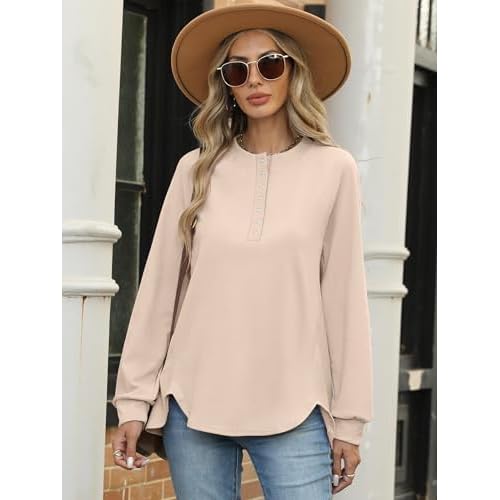 ANRABESS Women's Long Sleeve Henley Tops Tunic Sweatshirt Loose Slit Casual Button Shirts Pullover 2025 Fall Winter Outfits