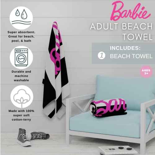 Franco Barbie Barbiecore Black & White Striped Soft Cotton Bath/Pool/Beach Towel, 60 in x 30 in, (Official Licensed Barbie Product)