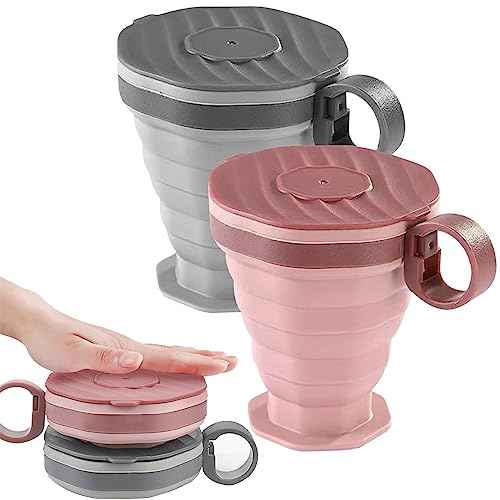 Pack of 2 foldable silicone cups, foldable travel cups with plastic lids, reusable portable cup set suitable for camping and hiking
