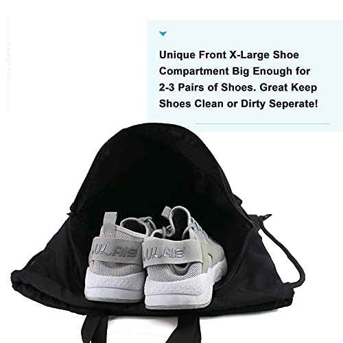 BeeGreen Drawstring Backpack Bag with Shoe Compartment, X-Large Black Gym Sports String Cinch Backpack