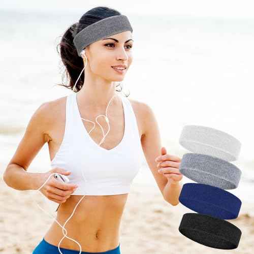4 Pack Sweatbands for Men & Women ? Soft & Absorbent Cotton Terry Headbands for Sports, Gym, Running, Basketball, and Workouts