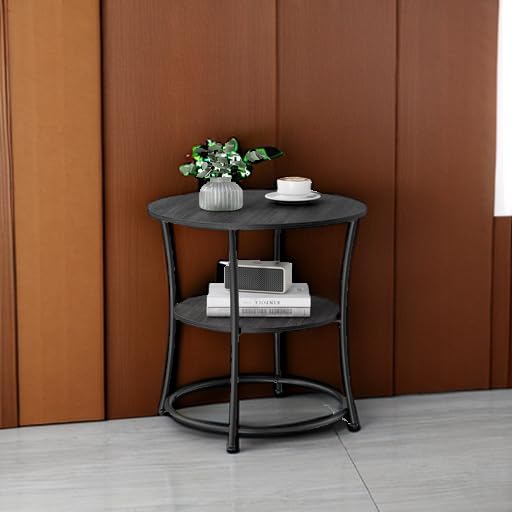 VASAGLE 21.7-Inch Round Side Table, 2-Tier End Table, Nightstand with Steel Frame, Spacious Top, for Small Spaces, Living Room, Bedroom, Charcoal Gray and Ink Black ULET056B22