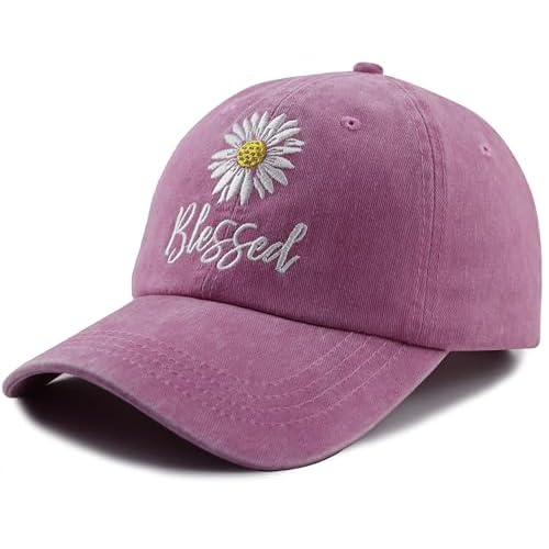 Embroidered Daisy Blessed Hat for Women Men, Adjustable Vintage Washed Cotton Christian Baseball Cap