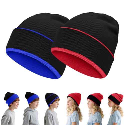 Rosoz Kids Beanie Boys Girls- Reversible Beanie with Double Sides- Big Kids Winter Hat Kids Knit Warm Caps for 7-12 Years
