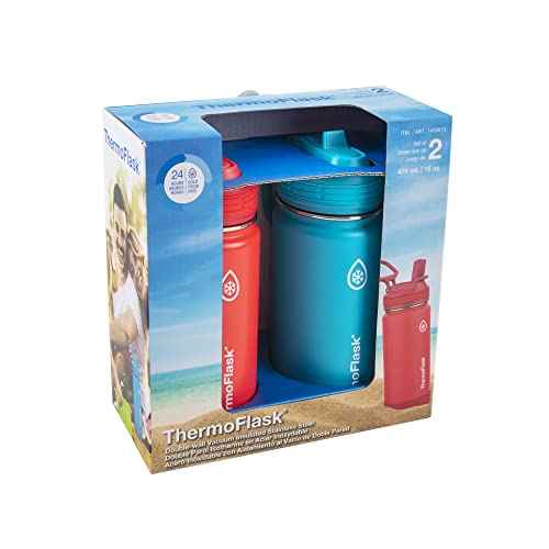 ThermoFlask Kids Bottle with Straw Lid - Durable & Dishwasher-Safe Water Bottles & Lids - Leak-Proof Bottle Lid Design - Reusable Water Bottles for Everyday Use - 16 oz, Red/Blue (2 Pack)