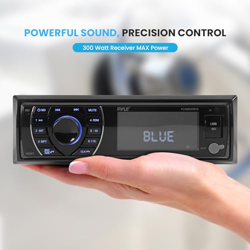 Pyle 300W Bluetooth Marine Stereo Receiver - Single DIN In-Dash AM/FM Radio with USB/SD - AUX - MP3 - Built-in Mic - EQ - Wireless Music Streaming - Remote - 12V - PLMRM29BT