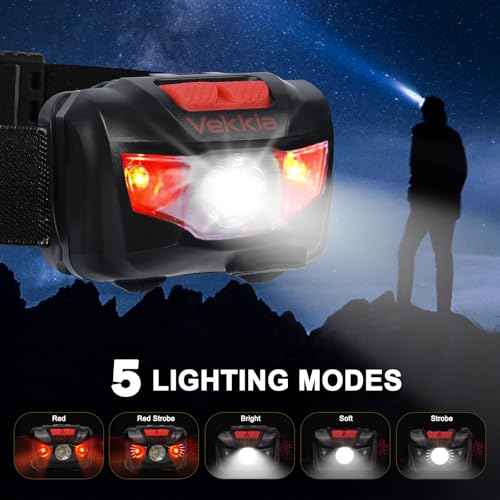 Vekkia LED Headlamp Rechargeable - 5 Lighting Modes,White & Red LEDs Head Lamp, Camping Accessories Gear. IPX4 Waterproof Headlight for Running,Cycling,Fishing,Hiking,Repairing. Type-C Included