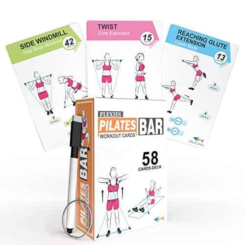 Pilates Bar Workout Cards - 58 Exercise Cards with Pilates Stick Work Out Postures, Instructions & Breathing Tips | Free Ring & Dry-Erase Marker to Create Your Customize Workout Planner Chart