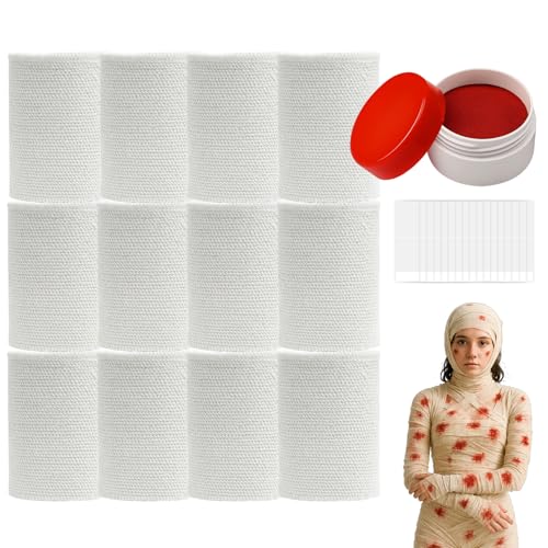 60 Yards 12 Rolls Halloween Mummy Wrap Costumes, Mummy Wrapping Cloth, Mummy Gauze, Mummy Bandages for Cosplay Zombie Makeup Halloween Costumes Accessories with Fake Blood Powder(3in W, Lady & Youth)
