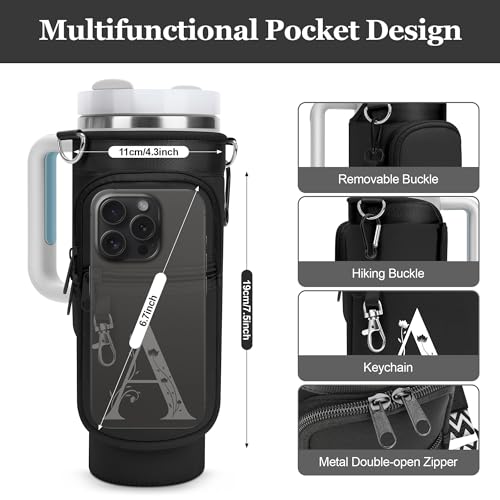LOKASS Initial Water Bottle Holder with Strap for Stanley Cup 40 oz Tumbler, Personalized A-Z, Water Bottle Carrier Bag with Phone Pocket & Carabiner for Stanley Cup Accessories