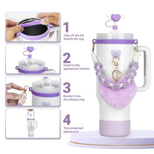 7Pcs Khaki Stanley Cup Accessories Set with Handle Strap, Love Heart/Flower Straw Topper Straw Cover Cap, Silicone Boot, Love Heart Charms for Water Bottle Tumbler 20oz 30oz 40oz