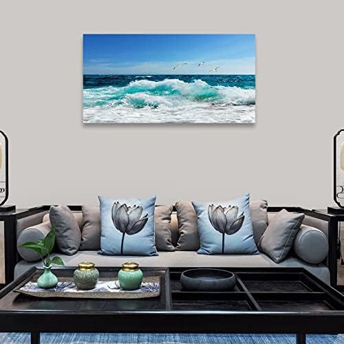 tigeridge Sea Beach Canvas Wall Art for Living Room Wall Decor Ocean Waves Canvas Pictures Blue Surfing Water Seagull Canvas Prints Artwork Office Home Wall Decorations Framed Ready to Hang 24" x 48"