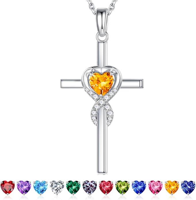 Iefil Cross Necklace for Women - 925 Sterling Silver Birthstone Necklace Jewelry Gifts for Women Wife