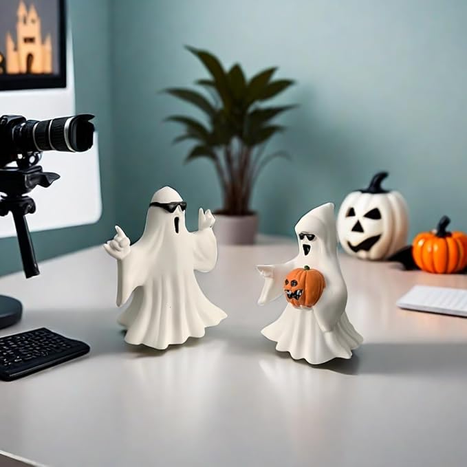 Halloween Ghost Figurine - Spooky Resin Ghost Statue, Cute Finger Ghost Ornaments, Perfect for Indoor & Porch Halloween Decor (Ghost with Glasses)