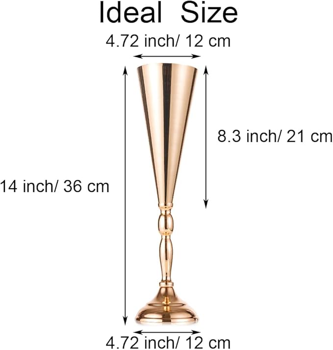 Gold Vase Centerpiece Table Decorations - 2 Pcs Metal Tabletop Flower Stand, Wedding Decorations for Reception, 14in Trumpet Tall Flower Vase for Birthday, Weddings, Anniversary Ceremony, Home Decor