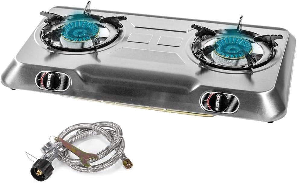 XtremepowerUS 25,516BTU Double Burner Stove Auto Ignition Cooktop Outdoor LPG Propane Camping 2 Stove Burner Portable Stove Burner, Stainless Steel