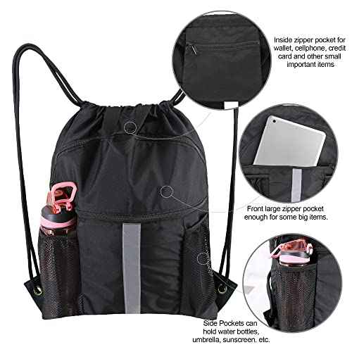 BeeGreen Drawstring Backpack Bag with Shoe Compartment, X-Large Black Gym Sports String Cinch Backpack