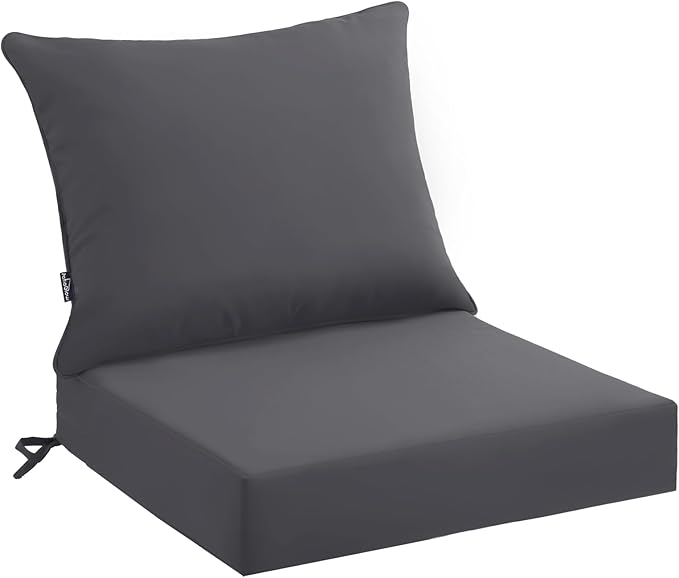 PatioGlow Outdoor Seat Cushion Set 24 x 24 x 4 Inch, Waterproof & Fade Resistant Patio Furniture Cushions with Removable Cover and Ties, Thick Deep Seating Pads for Outside Chair Sofa Couch, Grey