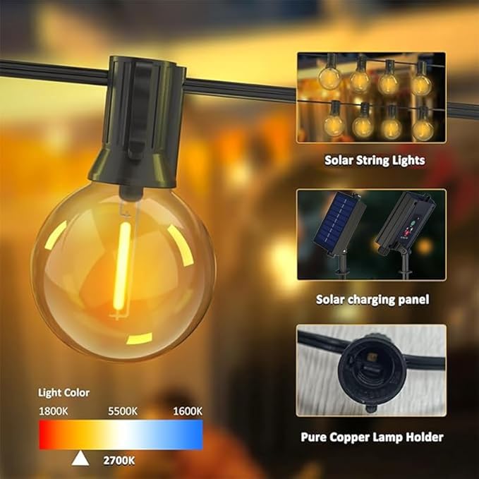 G40 Solar String Lights Outdoor with Remote 40 FT, USB & Solar Dual Charging, Waterproof, 8 Modes 3 Timers, 14+1 LED Shatterproof Bulbs, Dimmable Solar Light for Camping Backyard Bistro Porch Garden