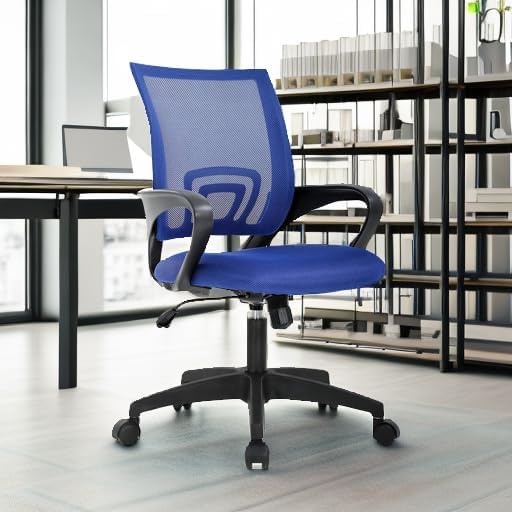 BestOffice | Ergonomic Office Chair | Mid-Back Swivel Desk Chair | Breathable Backrest & Lumbar Support | Adjustable Height | Sponge Seat | Rolling Wheels | Blue | for Adults & Women