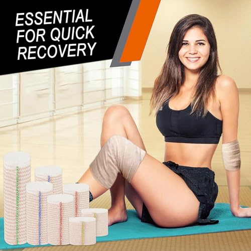 Premium Elastic Bandage Wrap 6 inch 10 Pack Reusable Versatile Self-Closing Compression Bandage Wraps for Ankles, Wrists Knee, Tummy and Body Cotton Lymphedema Wraps for Legs Latex-Free