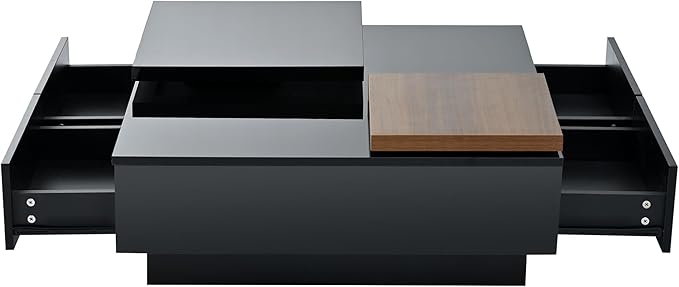 WILLIAMSPACE 31.5" Movable Top Coffee Table with 4 Hidden Storage Drawers & High Gloss Finish, Modern Square Wood Center Table Accent Side End Tea Table for Living Room, Black