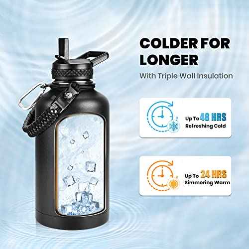 Insulated Water Bottle 64 oz, Triple Wall Vacuum Stainless Steel (Cold for 48 Hrs), Leak Proof & Non-BPA, Half Gallon Water Flask Jug with Paracord Handle & Straw Spout Lids, Magic Black