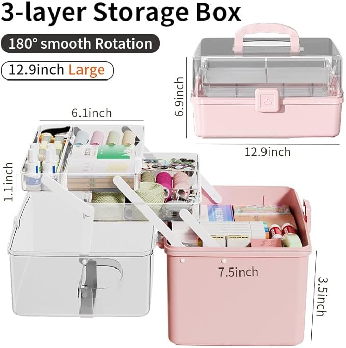 12.9in Three-Layer Multipurpose Storage Box with Handle Portable Tackle Box Folding Art & Craft Case Sewing Supplies Organizer for Makeup, Medicine, Nail, Hair Accessories (White)