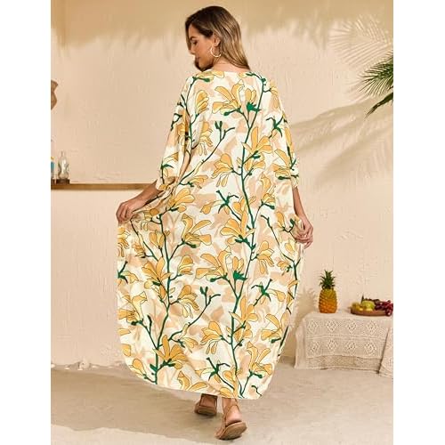 MAKABO Kaftan Dresses for Women, Summer Hawaii Swimsuit Cover Up, V Neck Caftan Beach Vacation Print Dress