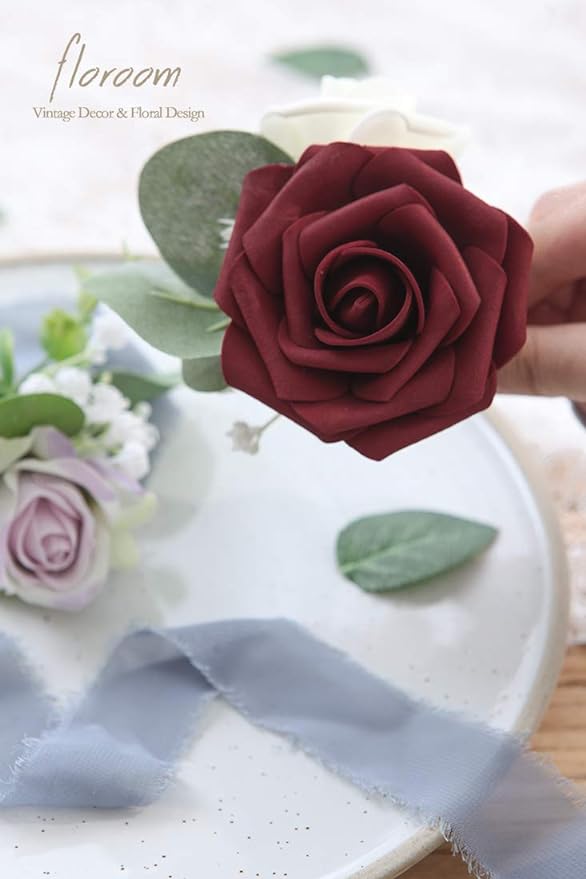Floroom Artificial Flowers 50pcs Real Looking Burgundy Foam Fake Roses with Stems for DIY Wedding Bouquets Red Bridal Shower Centerpieces Floral Arrangements Party Tables Home Decorations