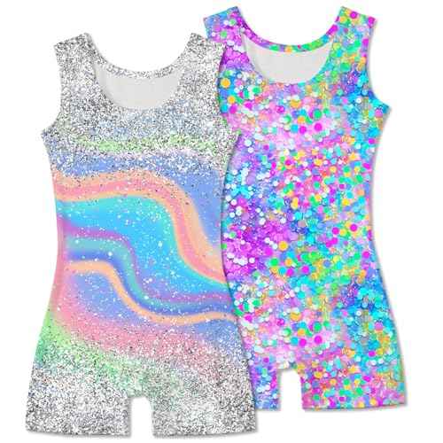 2 Packs Gymnastics Leotards for Girls Mermaid Leopard Dance Leotard Kids Biketard with Shorts