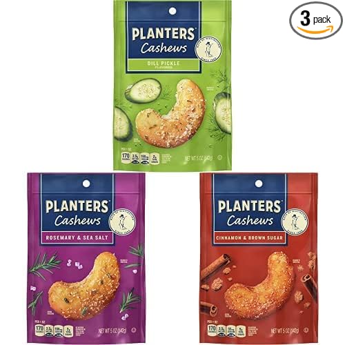 PLANTERS Cashews Dill Pickle, Rosemary & Sea Salt, and Cinnamon & Brown Sugar - Trail Mix Snack Packs, Snack Pack, Party Trail Mix, 15 Oz, 3 Bags (5 Oz Per Flavor)