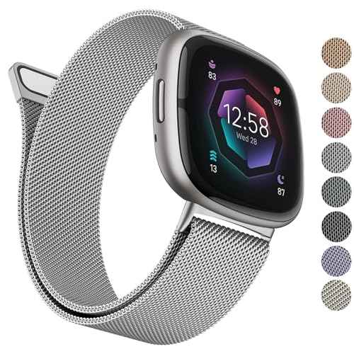 Metal Band Compatible with Fitbit Sense 2 /Sense Bands/Versa 4 / Versa 3 Bands Women Men, Stainless Steel Mesh Loop Strap for Fitbit Sense 2/Sense/Versa 4/Versa 3 Smart Watch (Large,Silver)