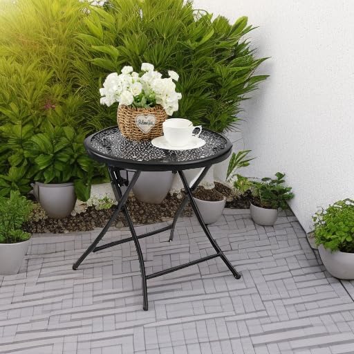 TeoKJ Folding Small Outdoor Side Tables, Anti Rust Small Patio Table Round Metal Nightstand with Flower Cutouts for Porch Yard Balcony Deck Lawn, Black