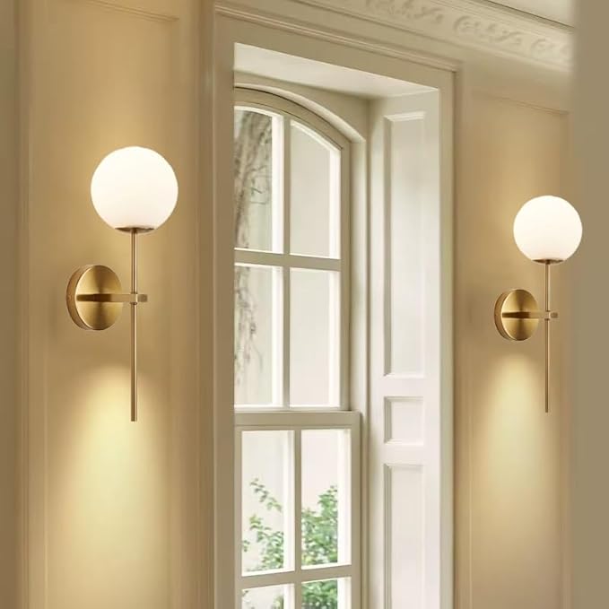 KEFA Gold Battery Operated Wall Sconces Set of 2, Modern Remote Wall Lamp Globe Glass Shade,Not Hardwired Rechargeable Wall Lights Fixture with Timer and Dimmable for Bedroom Living Room Bathroom