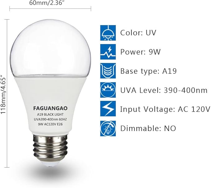 FAGUANGAO LED Black Light Bulb,9W(75Watt Equivalent) A19 UV Blacklight Bulb,120V,UVA Level 390-400nm,E26 Medium Base,Glow in The Dark for Blacklight Party,Fluorescent Poster,Body Paint(6 Pack)