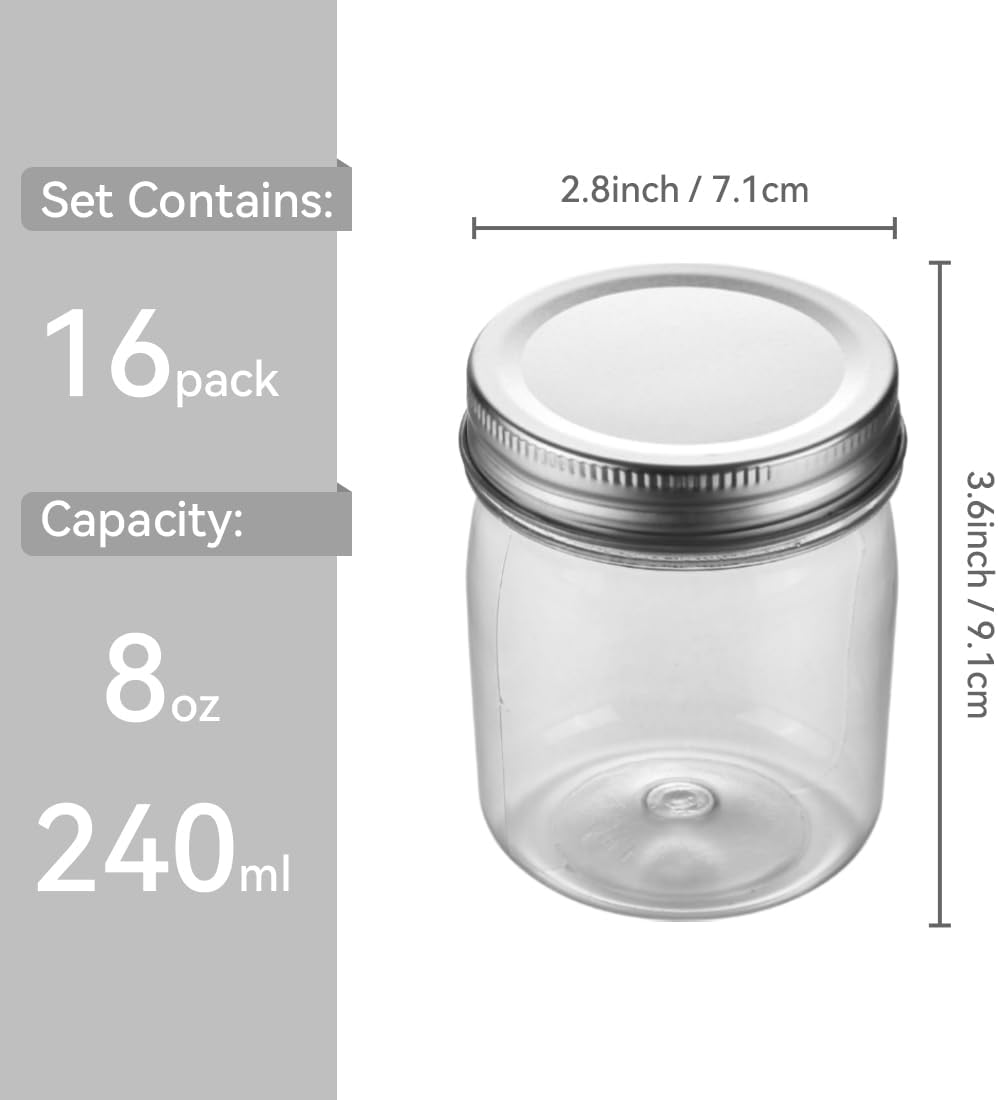 Plastic Mason Jars Reusable Storage Containers with Silver Airtight Lid 8 Ounce Clear Jars for Dry Foods, Coffee,BPA Free (16 Pack-Sliver)