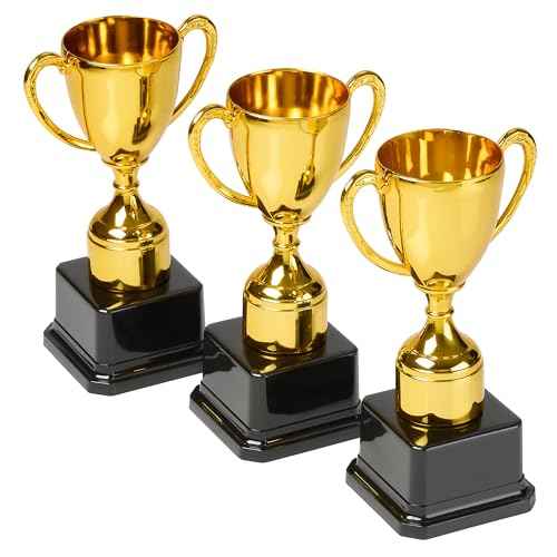 Playbees Fun Gold Plastic Trophies - 3 Pack - 7 Inch - Award Trophy Cup Set for Superstar Kids - Champion Celebrations, Sports Galore, and Victory Vibes - Desktop Toy