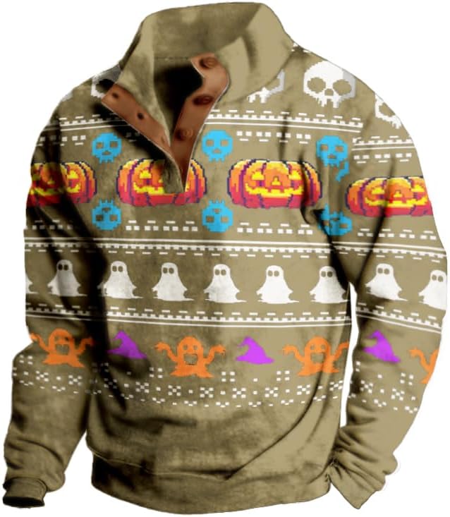 Mens Western Halloween Hoodie Button Up Henley Shirt Cowboys Sweatshirt Men Graphic Long Sleeve Pullover Tops