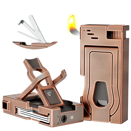 Pipe Lighter with Pipe Stand, 3 in 1 Cleaner Tools, Refillable Butane Lighter with Angled Soft Flame, Pipe Lighters for Smoking, Pipe Gift for Father's Day,Christmas Day (Bronze)