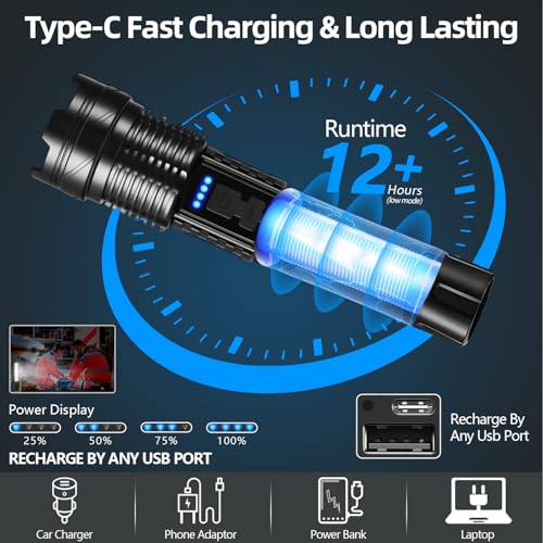 2 Pack LED Rechargeable Flashlights, 90,000 High Lumens Super Bright Flash Light, 7 Modes with COB Light, IPX6 Waterproof, Adjustable Focus Tactical Flashlights for Home Camping and Emergencies