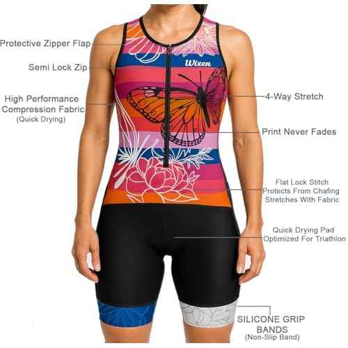 WIXEN Women's Triathlon Suit Sleeveless Tri Suit Padded Cycle Race Swim Bike Run Trisuit Back Pockets